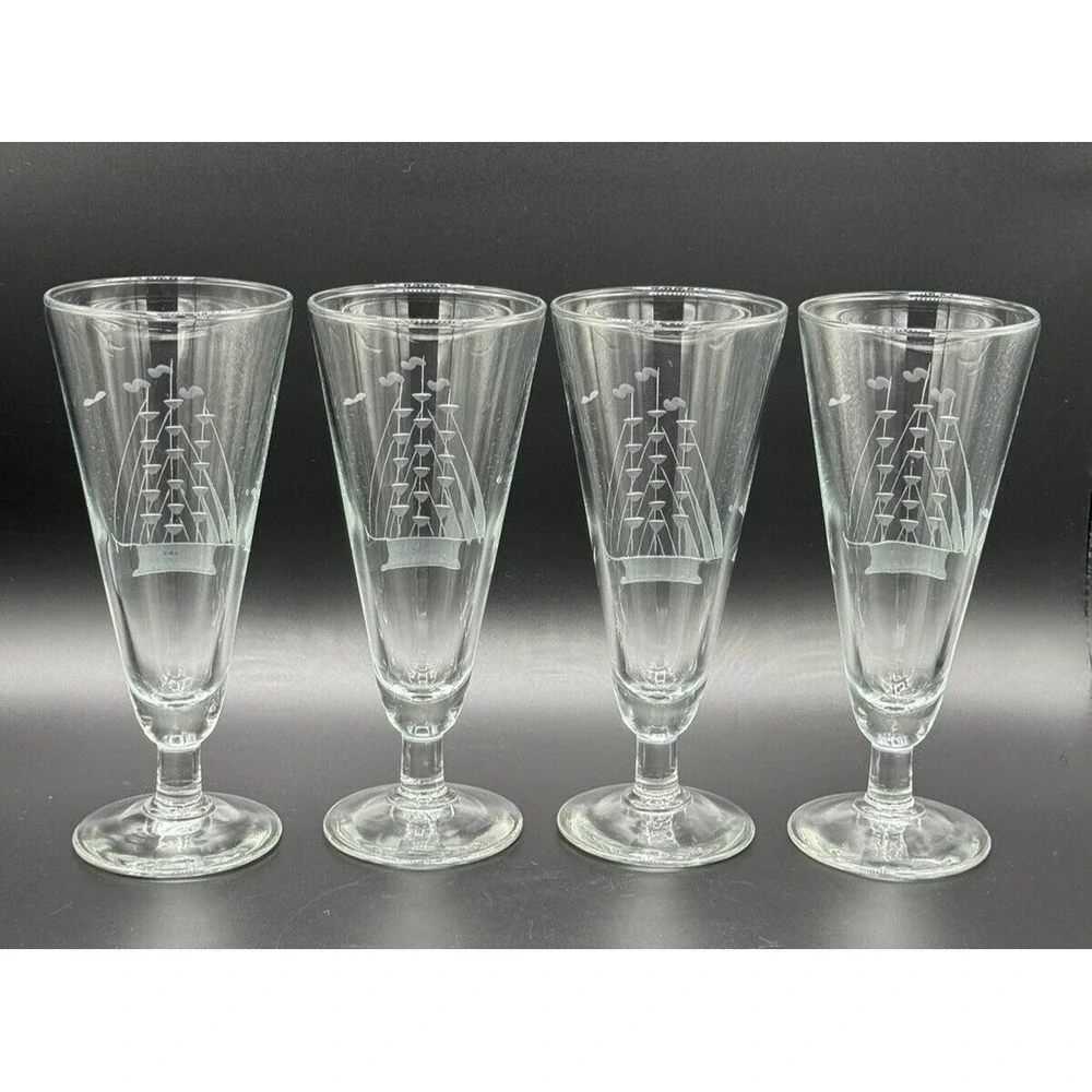 Vintage Etched Clipper Ship & Birds Pilsner Glasses Footed Beer Goblets Set 4